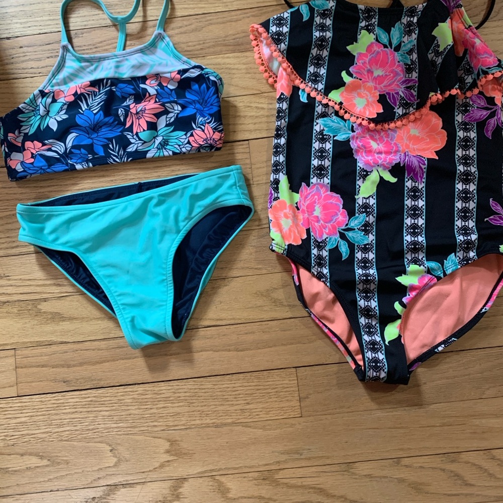 Girls SZ 7-8 Floral One-Piece & Floral Bikini Set - Black, Turquoise, Coral